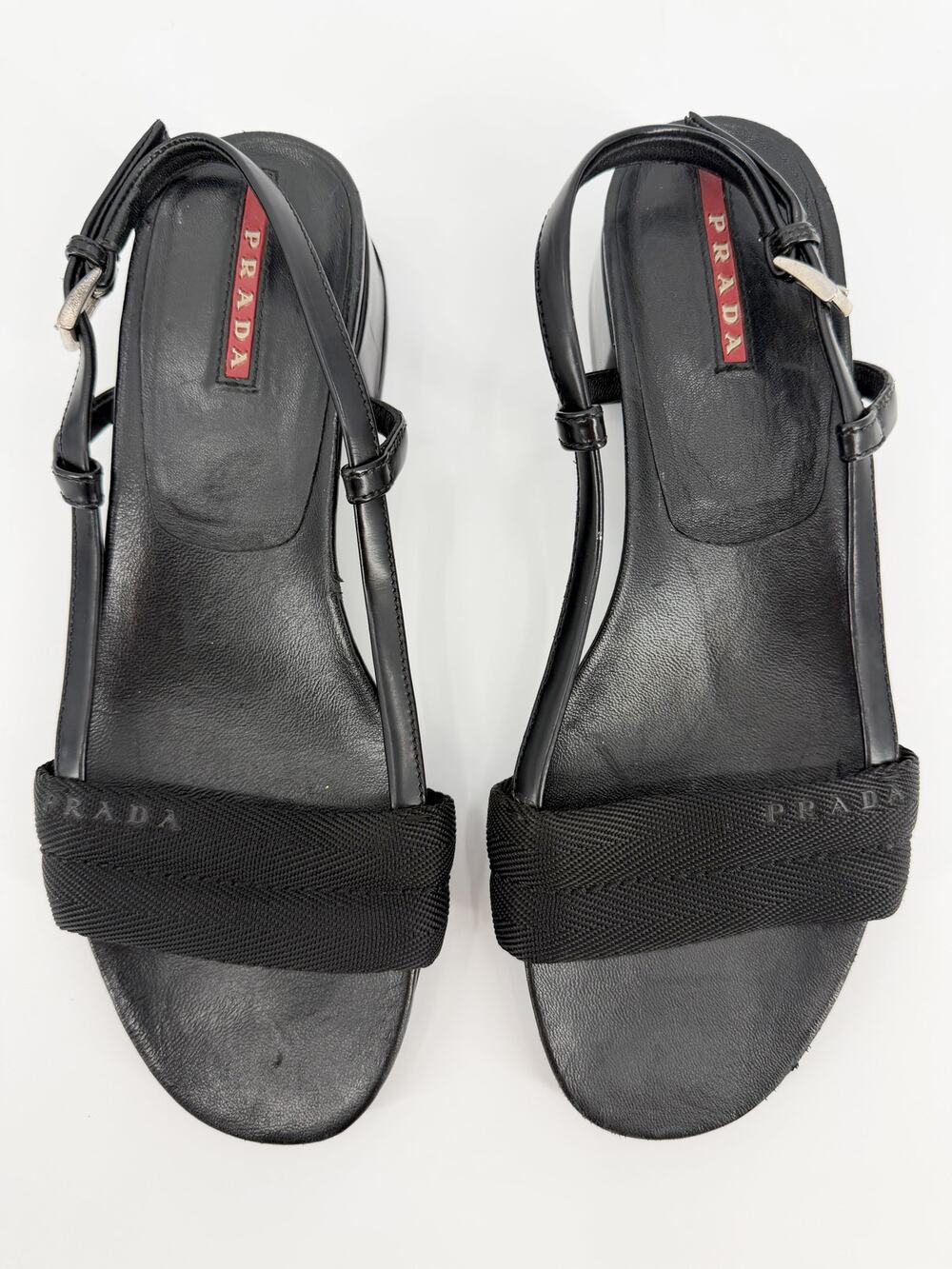 Prada Vintage Linea Rossa Black Nylon Patent Slingback Wedge Sandals 37 Fits 6.5